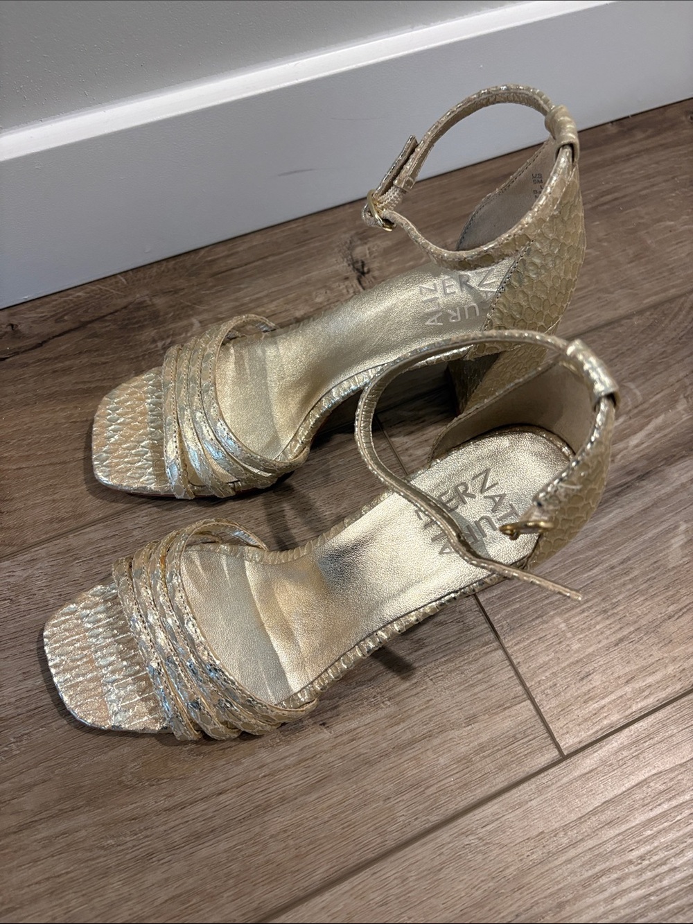 Naturalizer Metallic Gold Textured Ankle-Strap Heels